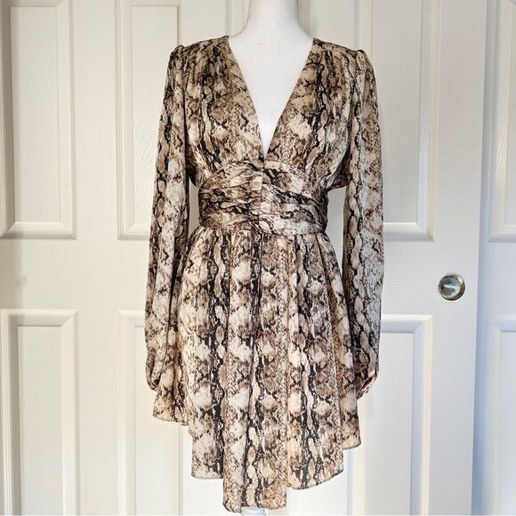 Ronny Kobo Snakeskin Orzoro Asymmetric Hem Dress Tan Medium MSRP $398 - Picture 3 of 11